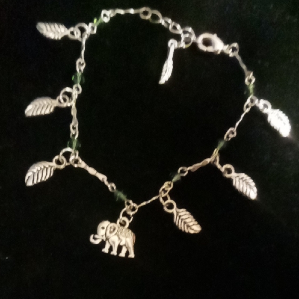 Silver Charm Bracelet with Elephant and Leaf Charms With Green Glass Crystal